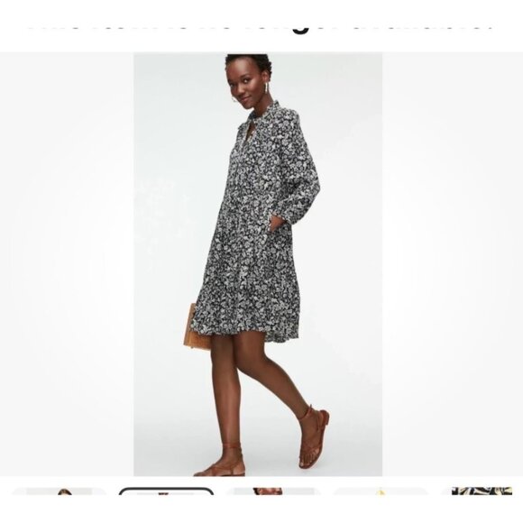 J. Crew S Black & cream Floral Shirt Dress tossed bouquet print pockets - Picture 2 of 13